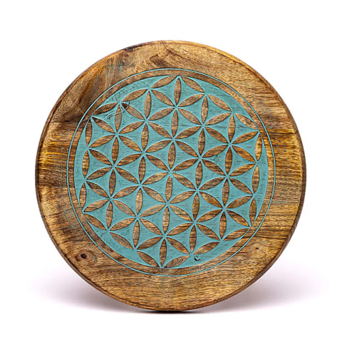 Drewniany stolik kawowy z niebieskim symbolem Kwiatu Życia