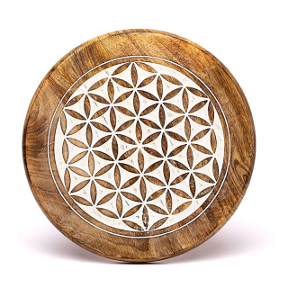 Drewniany stolik kawowy z białym symbolem Kwiatu Życia