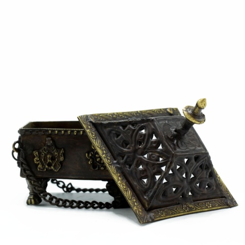 Tybetańska Mosiężna Kadzielnica - Wisząca Kwadratowa z 8 Symbolami