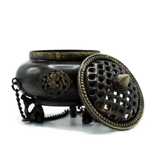 Duża Tybetańska Mosiężna Kadzielnica - Wisząca z 4 Symbolami