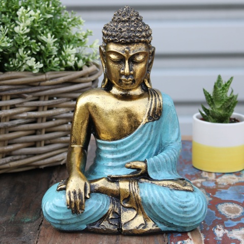 Duża Statuetka Buddy - Niebieskozielony i Złoty 22 cm
