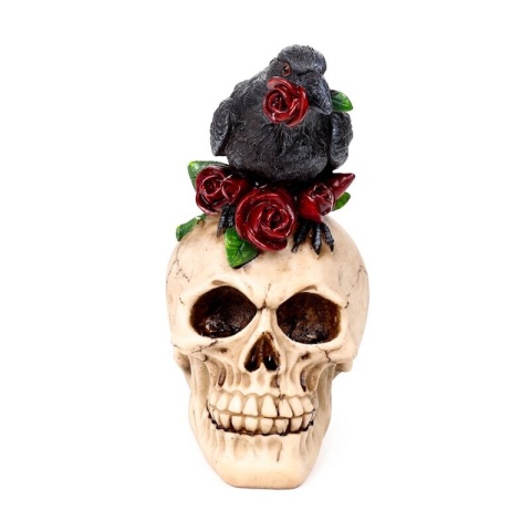 Czaszka z krukiem i czerwonymi różami - skull 16,5cm