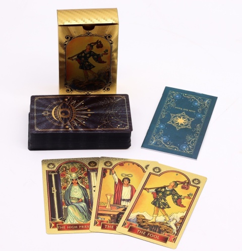 Karty Tarota z Niebieską i Złotą Folią i Przewodnikiem Wszystkowidzące oko