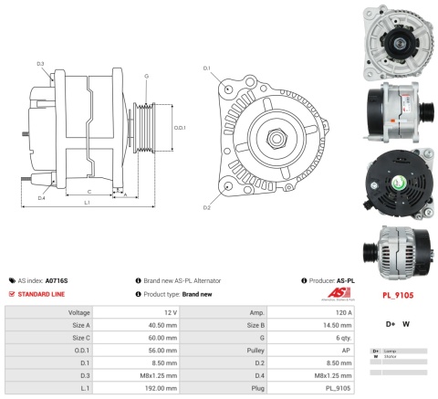 A0716S Nowy alternator 120 amp do AUDI A3 SKODA Octavia VW Golf IV 1.6 1.8